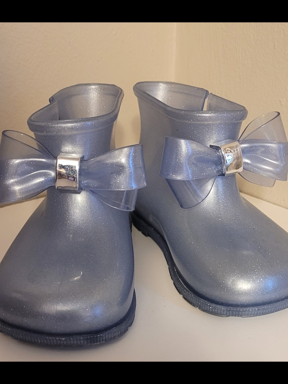 Mini Melissa Sparkle Light Blue Rain Boots with Bow Accent